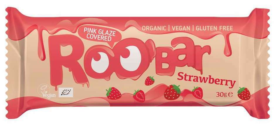 Baton cu capsuni invelit in glazura roz bio 30g Roobar
